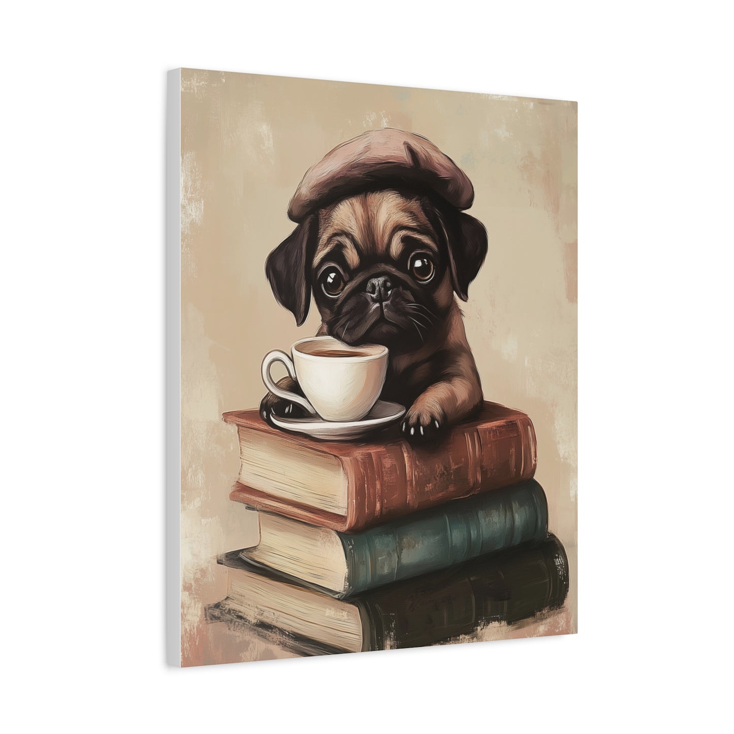 Pug with Books: "Parisian Pug Pause" | Matte Canvas Print, Stretched, 1.25 | Bliss Edition™