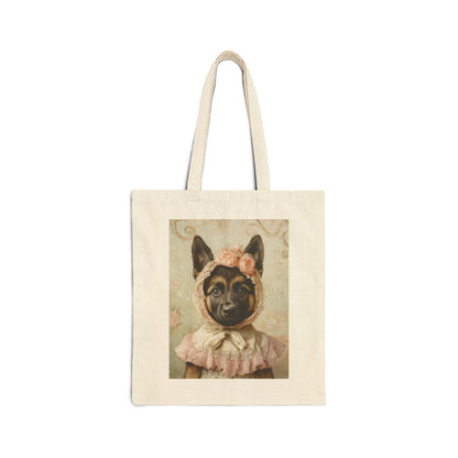 German Shepherd in Lace Bonnet: "Pastoral Guardian" | Canvas Tote Bag | Puppy Love Edition™