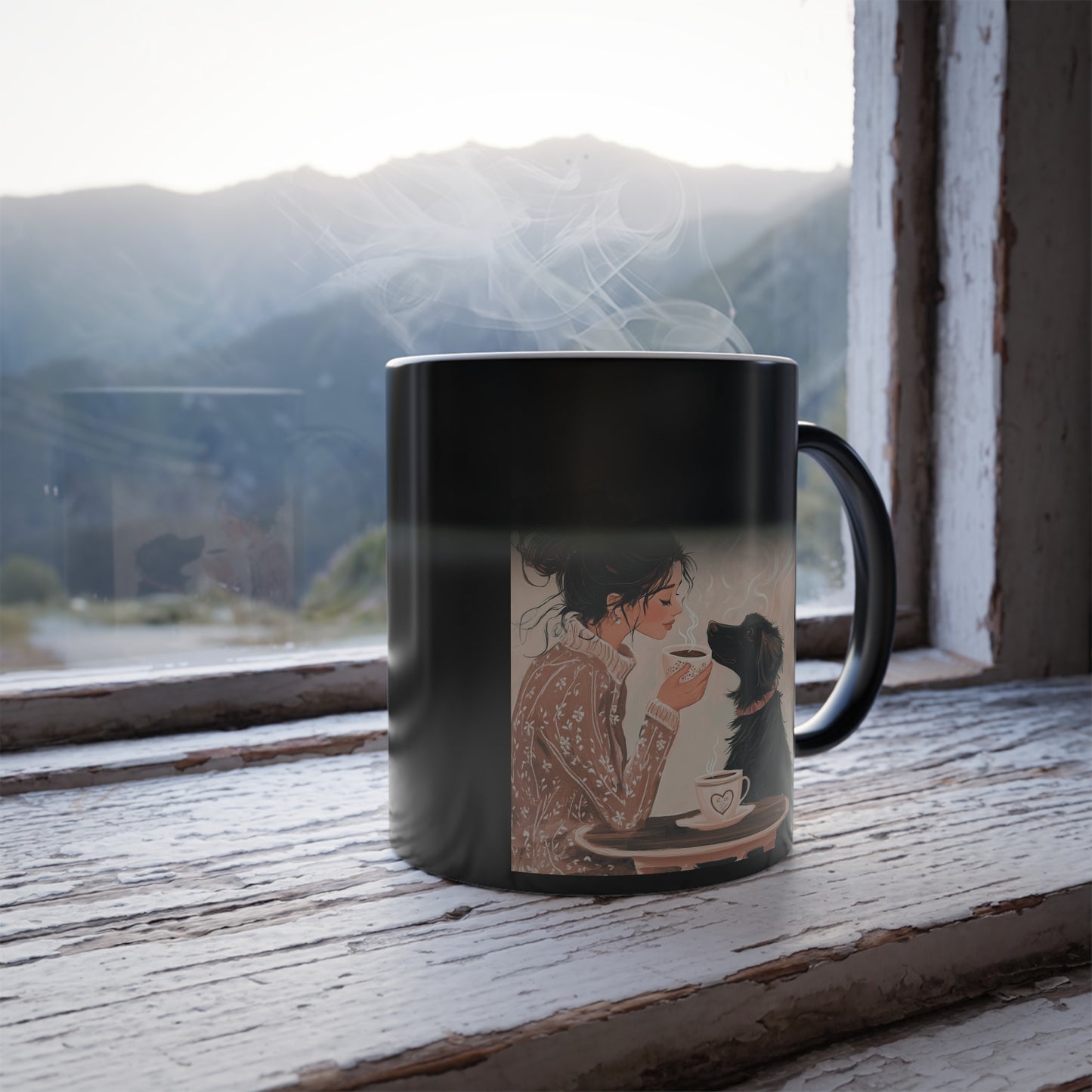 Black Dog Sharing Coffee with a Woman: "A Cup of Devotion" | Color Morphing Coffee Mug, 11oz | Bliss Edition™