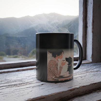 Black Dog Sharing Coffee with a Woman: "A Cup of Devotion" | Color Morphing Coffee Mug, 11oz | Bliss Edition™