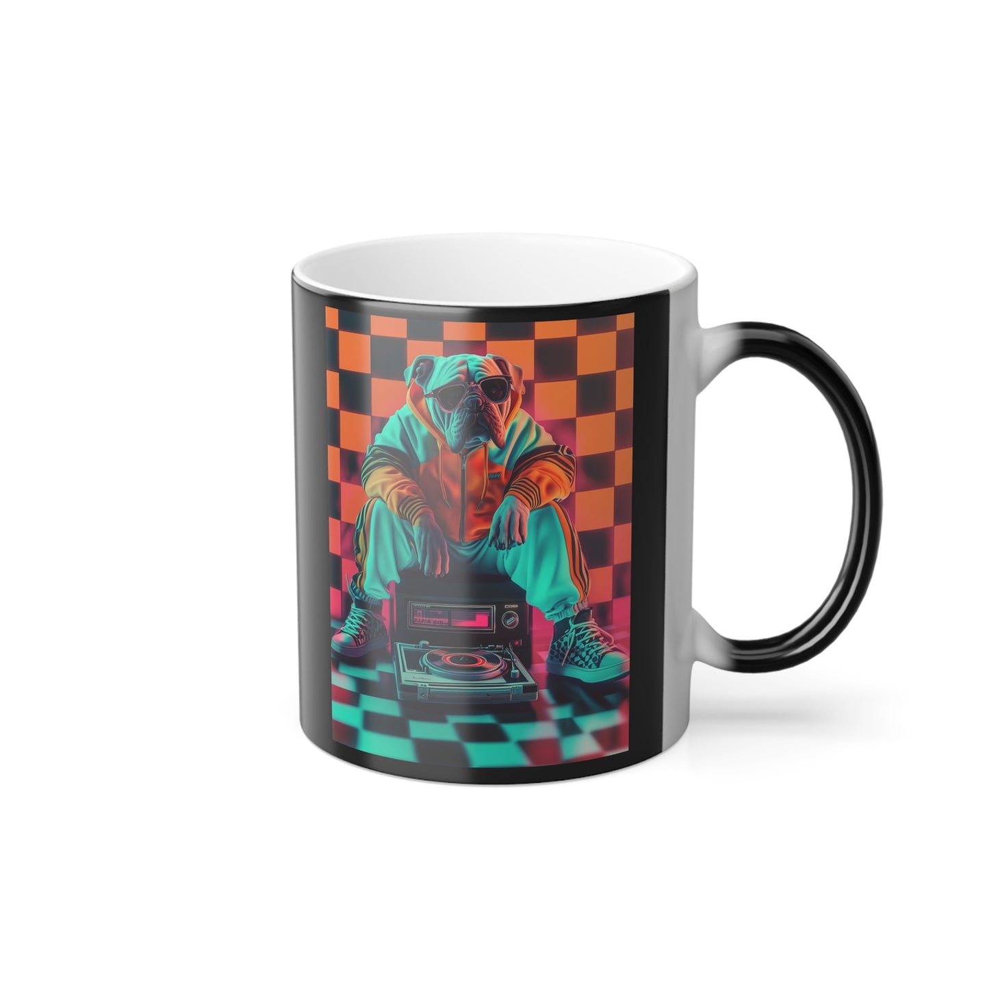 Bulldog in Neon Tracksuit: "Retro Bulldog Vibes" | Color Morphing Coffee Mug, 11oz | City Edition™