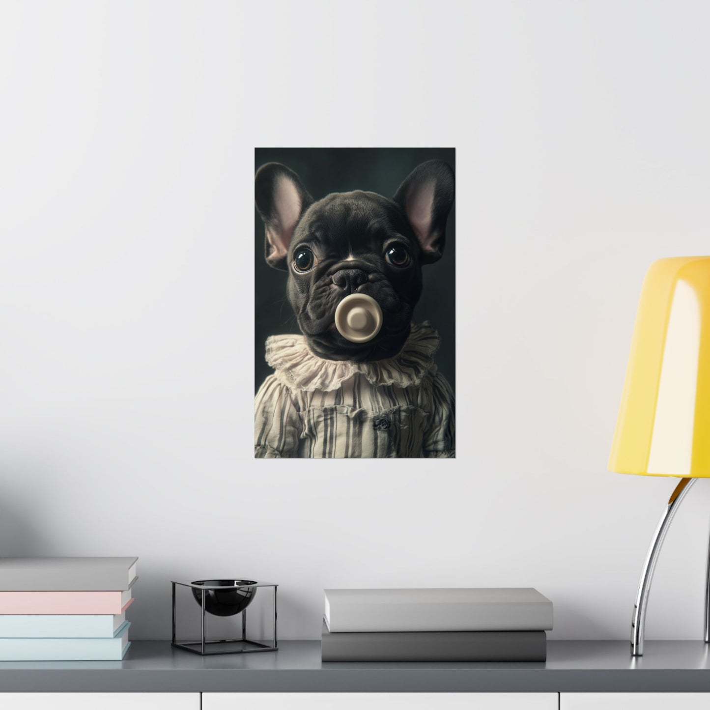 French Bulldog in Striped Baby Gown: "Vintage Cherub" | Matte Vertical Posters | Puppy Love Edition™