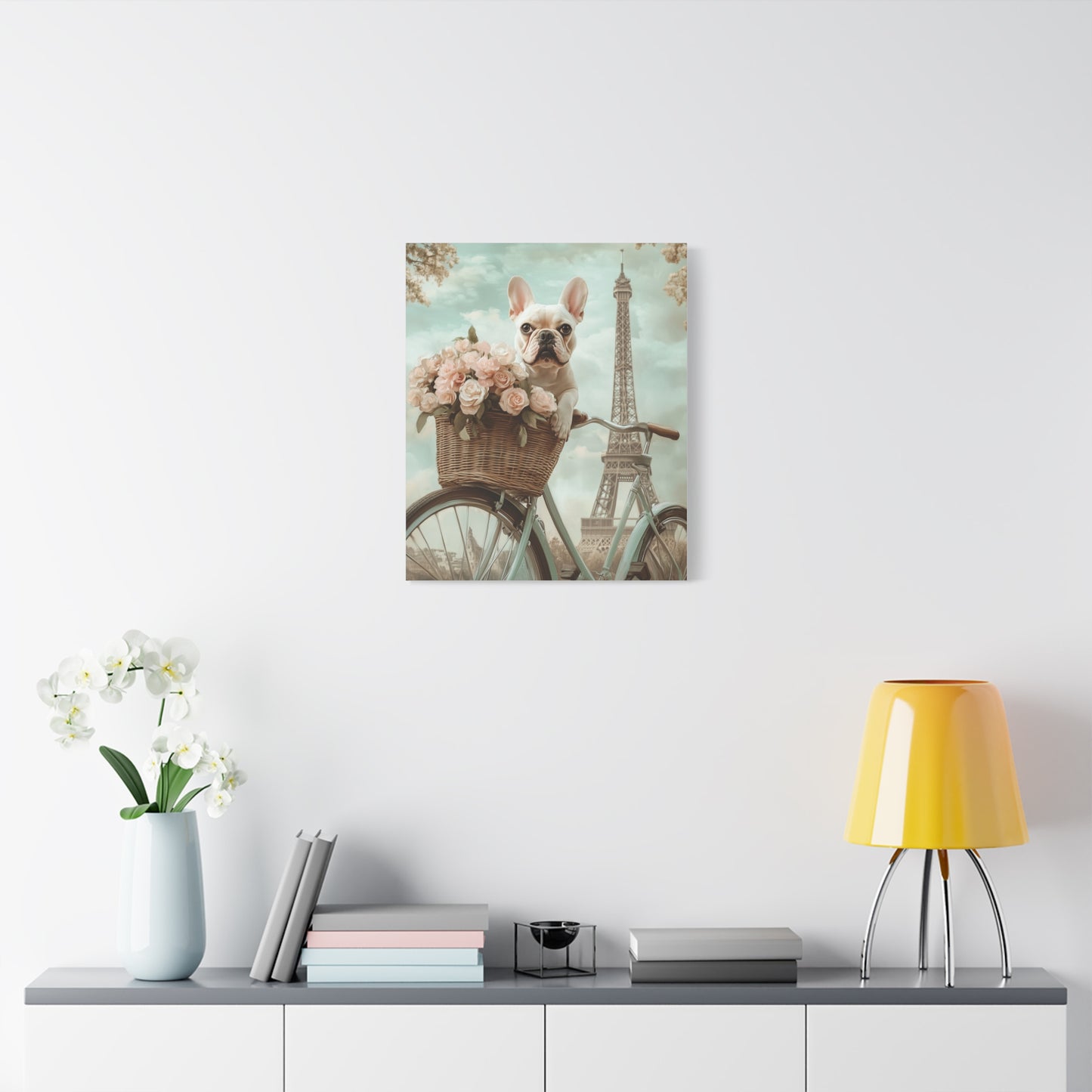 French Bulldog on Bicycle with Roses: "The Parisian Peddler" | Matte Canvas Print, Stretched, 1.25 | Puppy Love Edition™