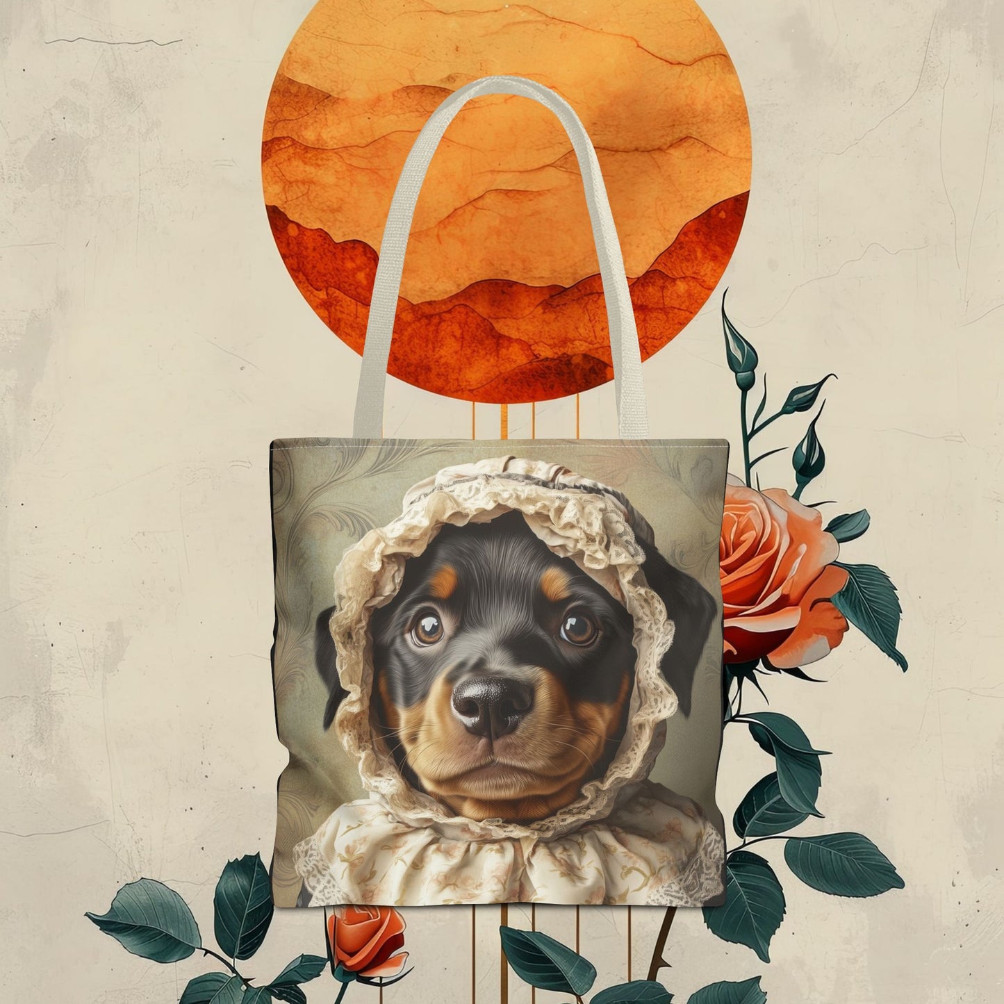 Rottweiler in Lace Bonnet: "The Tender Guardian" | Tote Bag (AOP) | Puppy Love Edition™