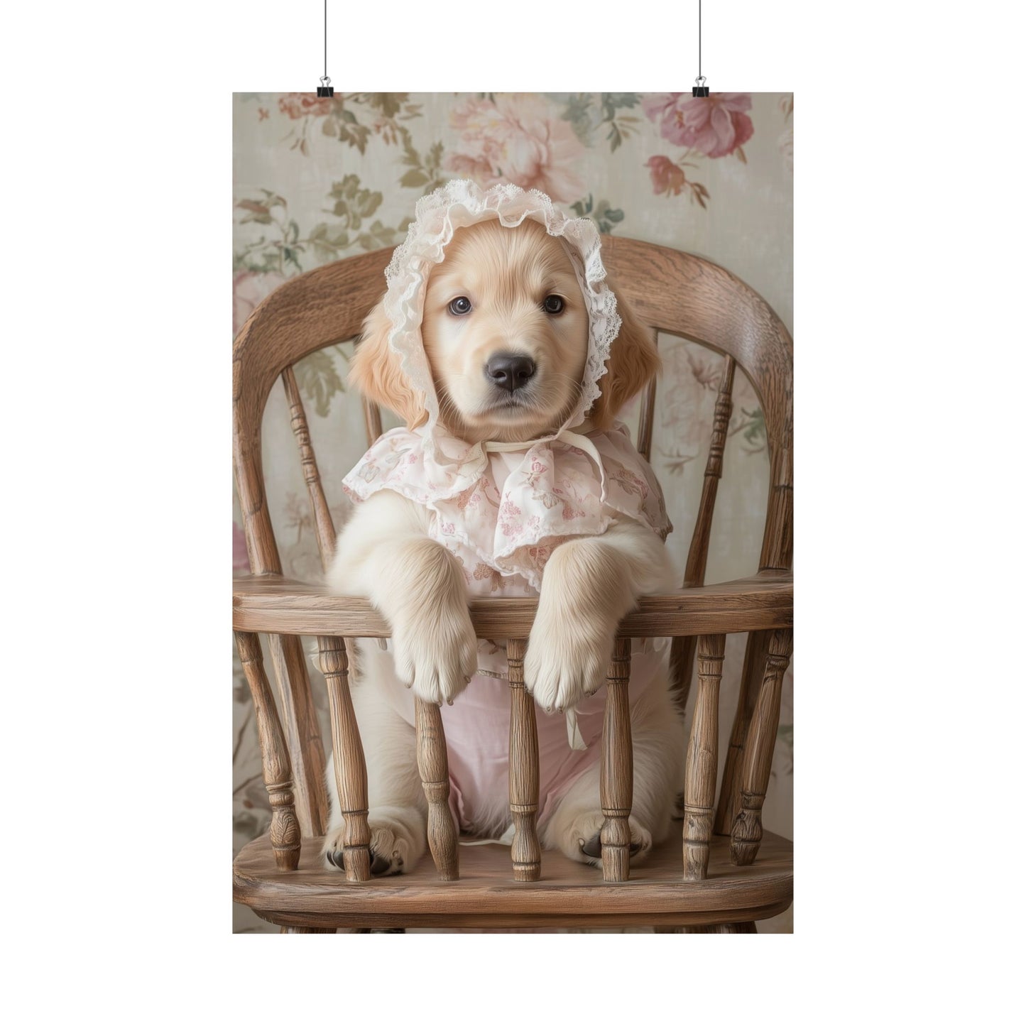 Golden Retriever in Floral Lace Bonnet: "Innocence Captured" | Matte Vertical Posters | Puppy Love Edition™