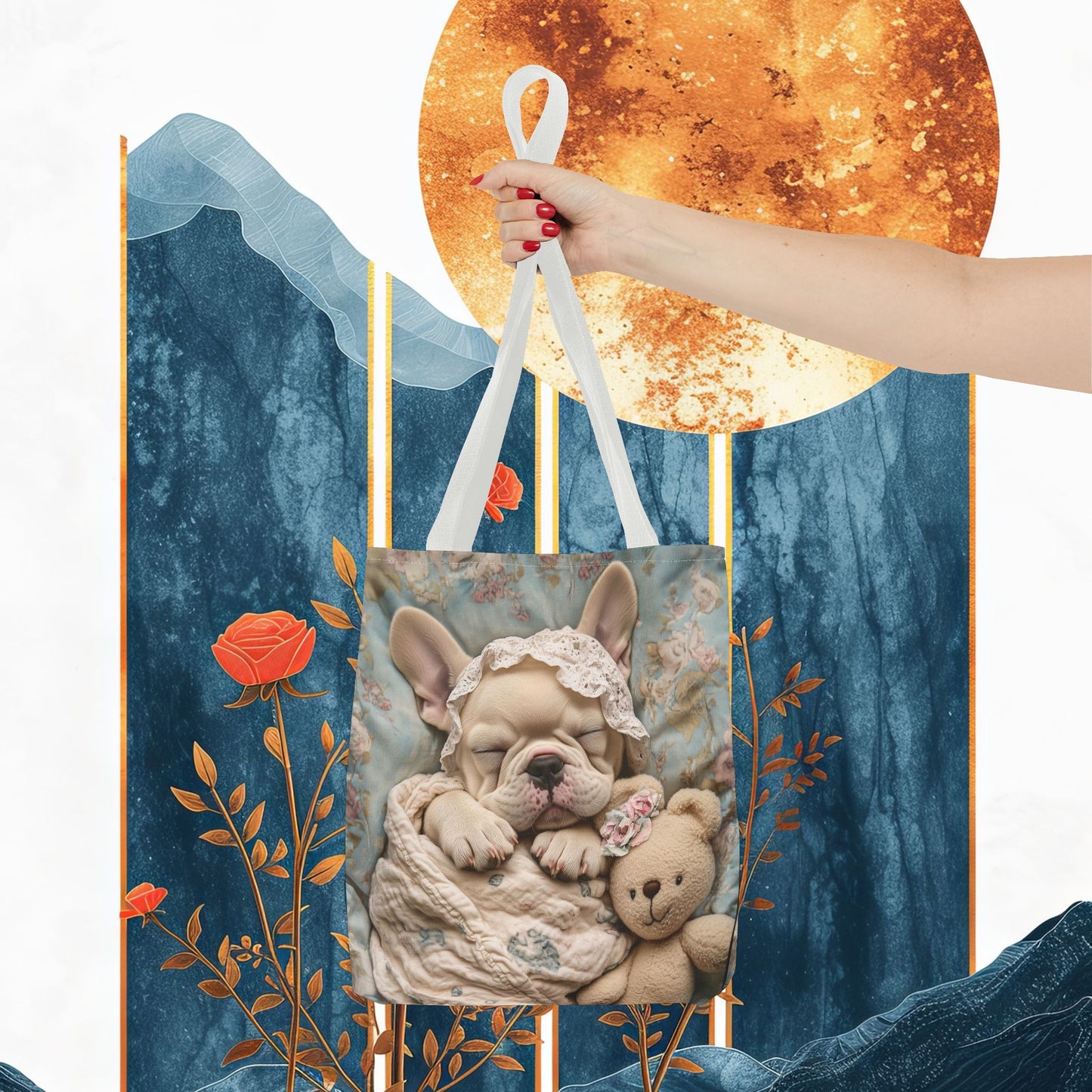 French Bulldog in Baby Bonnet: "Dreamy Slumber" | Tote Bag (AOP) | Puppy Love Edition™