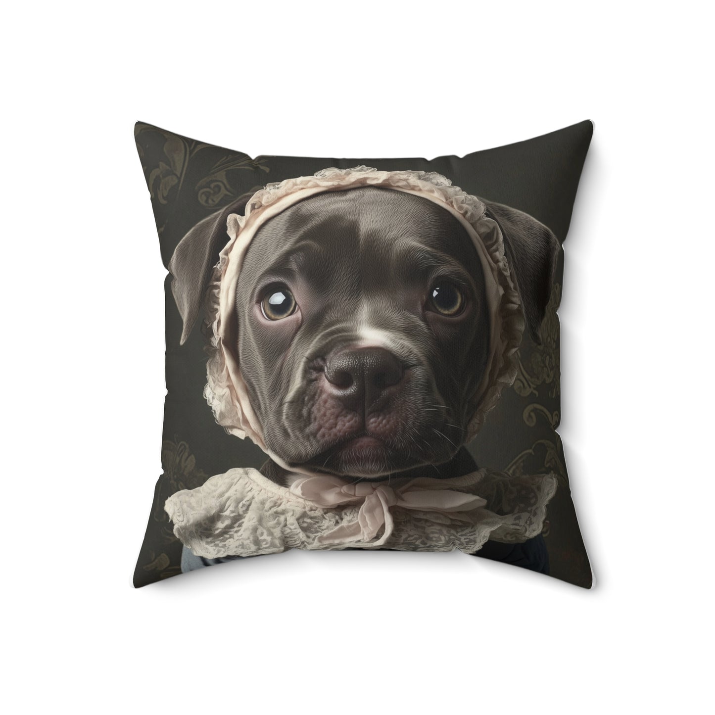 Pit Bull in Lace Bonnet: "Victorian Vigilance" | Spun Polyester Square Pillow | Puppy Love Edition™