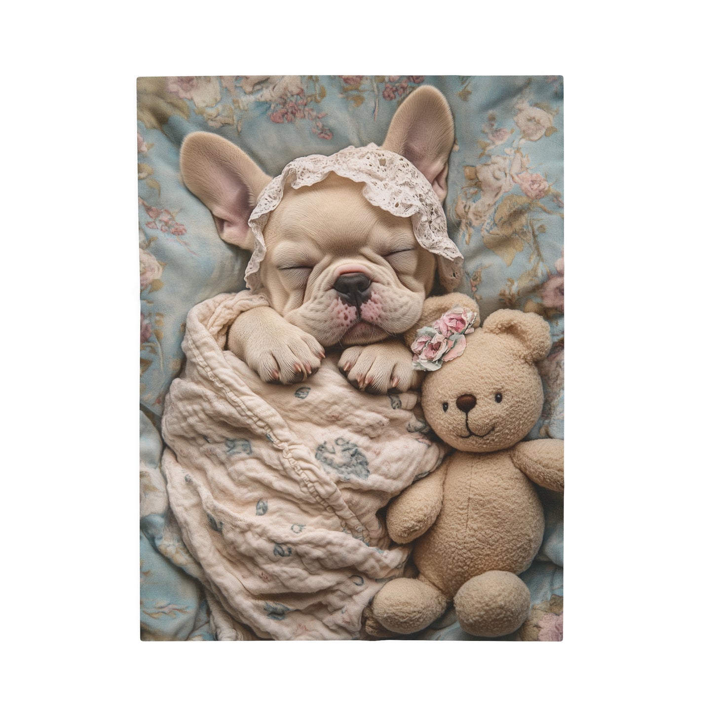 French Bulldog in Baby Bonnet: "Dreamy Slumber" | Velveteen Plush Blanket | Puppy Love Edition™