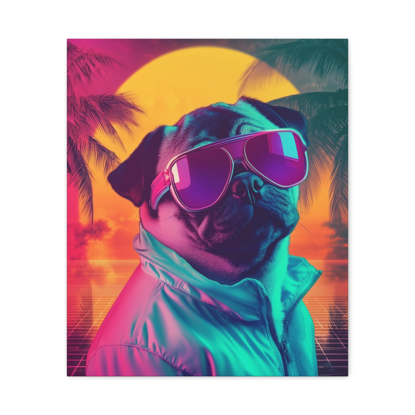 Pug in Neon Sunset: "Retro Ruff Royalty." | Matte Canvas Print, Stretched, 1.25 | Retro Edition™