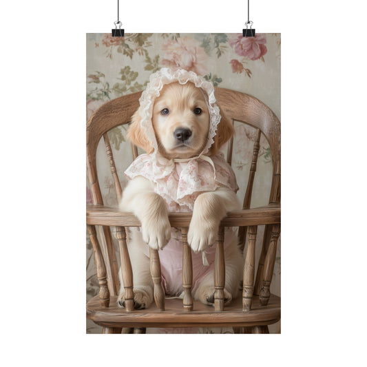 Golden Retriever in Floral Lace Bonnet: "Innocence Captured" | Matte Vertical Posters | Puppy Love Edition™