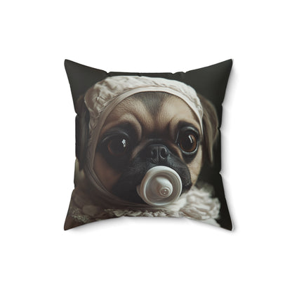 Pug in Ivory Bonnet: "Timeless Innocence" | Spun Polyester Square Pillow | Puppy Love Edition™