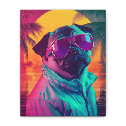 Pug in Neon Sunset: "Retro Ruff Royalty." | Matte Canvas Print, Stretched, 1.25 | Retro Edition™