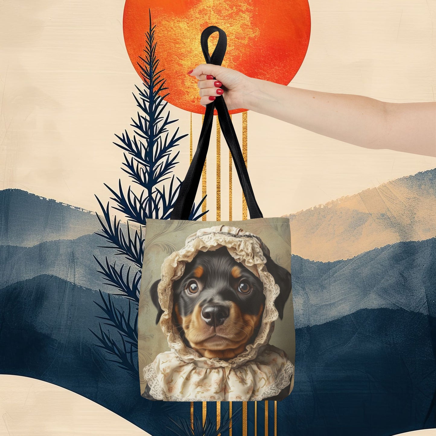 Rottweiler in Lace Bonnet: "The Tender Guardian" | Tote Bag (AOP) | Puppy Love Edition™