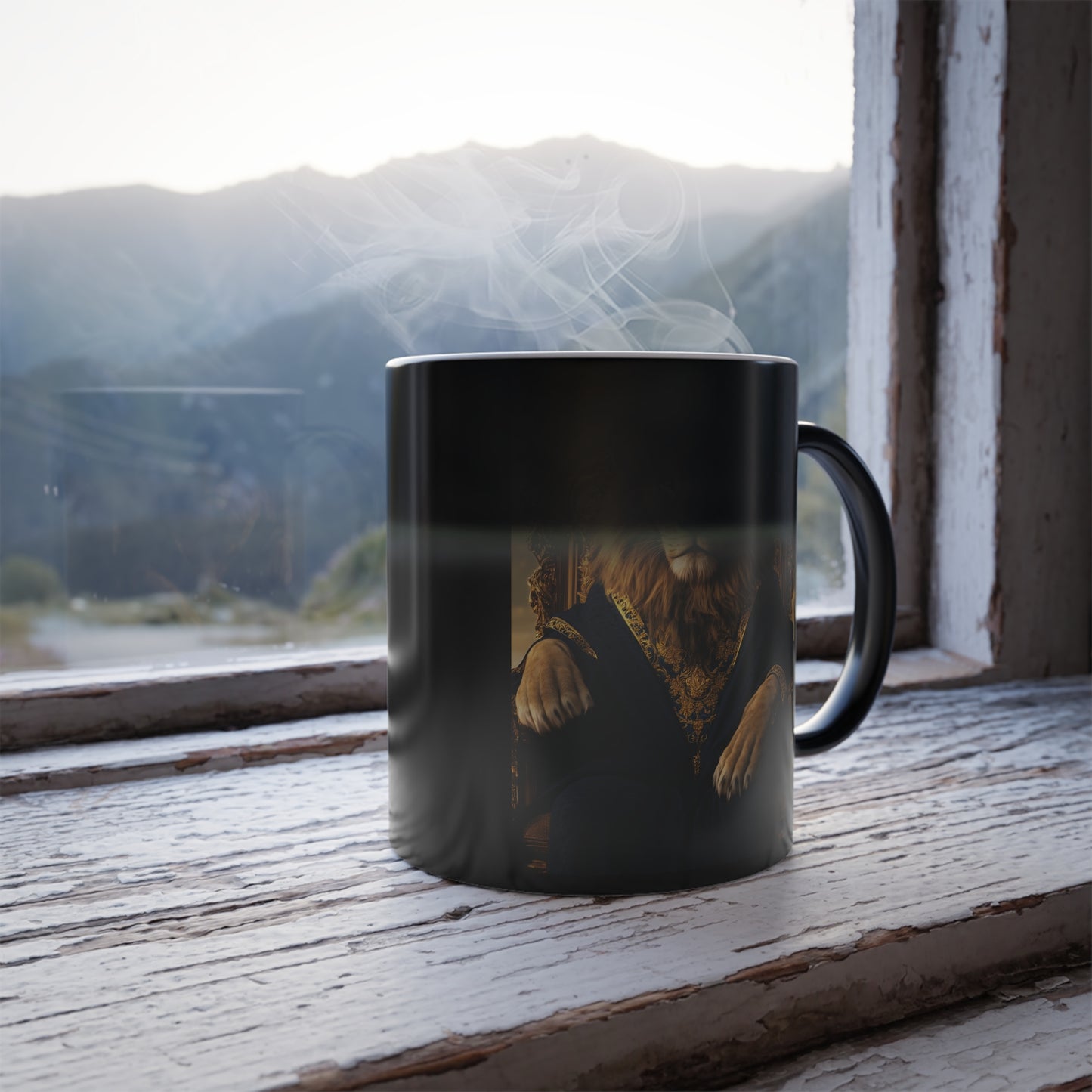 Lion on a Gilded Throne: "The Majestic Monarch" | Color Morphing Coffee Mug, 11oz | Pawgue Chic Edition™