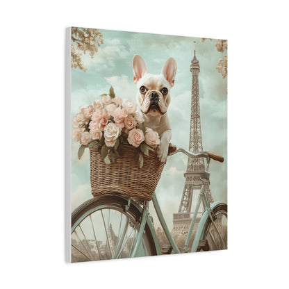 French Bulldog on Bicycle with Roses: "The Parisian Peddler" | Matte Canvas Print, Stretched, 1.25 | Puppy Love Edition™