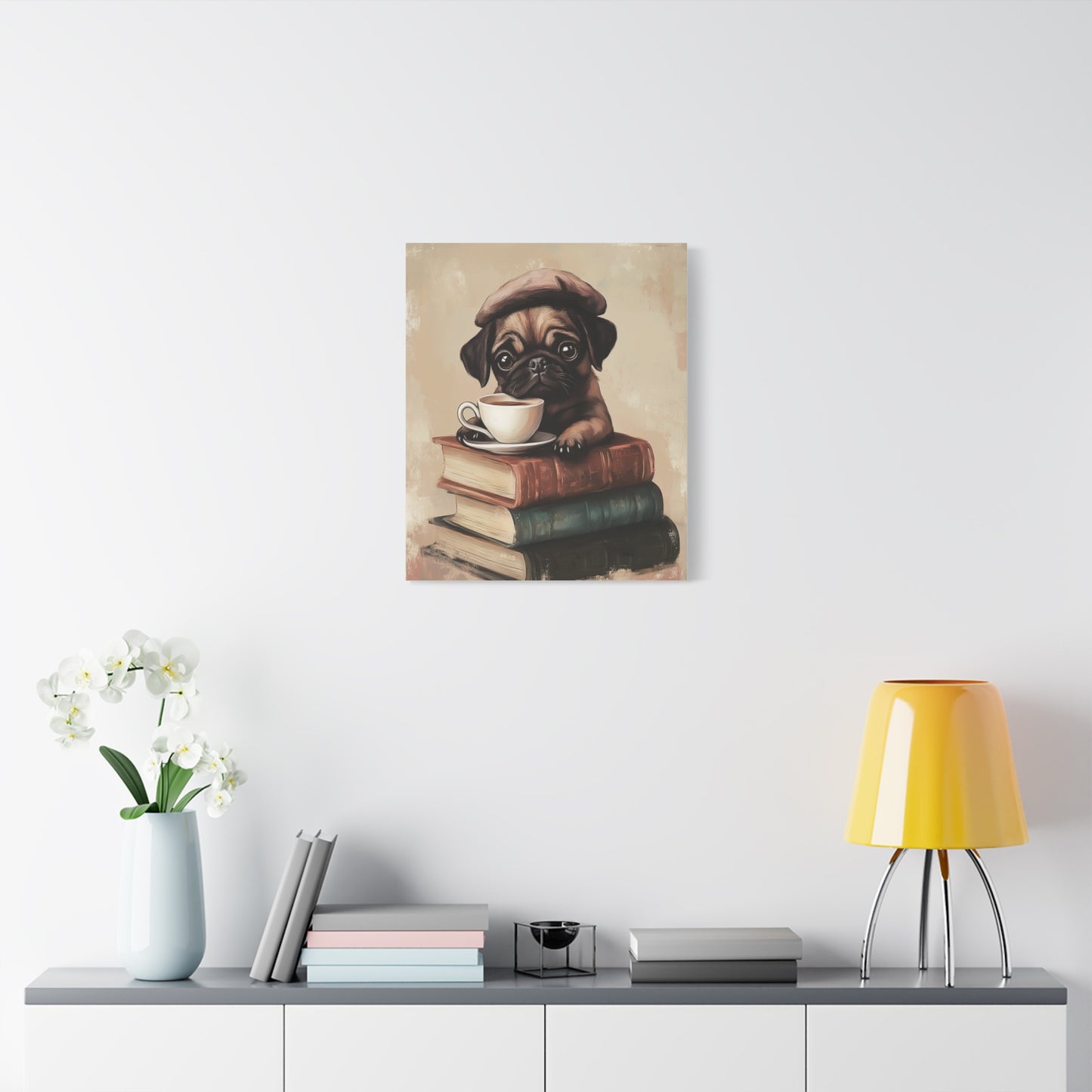 Pug with Books: "Parisian Pug Pause" | Matte Canvas Print, Stretched, 1.25 | Bliss Edition™