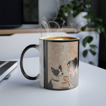 Black and White Dog Sharing Coffee: "Heart-to-Heart Brew" | Color Morphing Coffee Mug, 11oz | Bliss Edition™