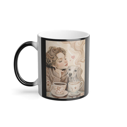 White Dog with Woman: "Café Companions" | Color Morphing Coffee Mug, 11oz | Bliss Edition™