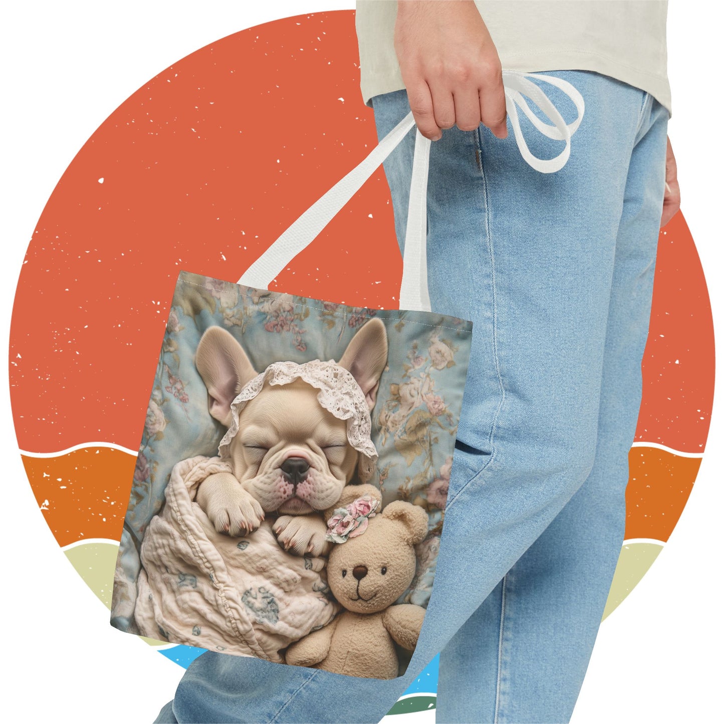 French Bulldog in Baby Bonnet: "Dreamy Slumber" | Tote Bag (AOP) | Puppy Love Edition™