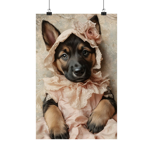 German Shepherd in Lace Dress: "Victorian Shepherd Elegance" | Matte Vertical Posters | Puppy Love Edition™