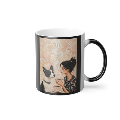 Black and White Dog Sharing Coffee: "Heart-to-Heart Brew" | Color Morphing Coffee Mug, 11oz | Bliss Edition™