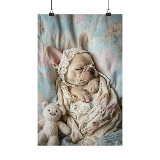 French Bulldog with Teddy Bear: "Lace and Cuddles" | Matte Vertical Posters | Puppy Love Edition™