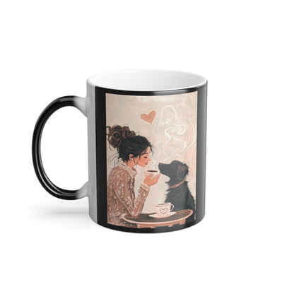 Black Dog Sharing Coffee with a Woman: "A Cup of Devotion" | Color Morphing Coffee Mug, 11oz | Bliss Edition™