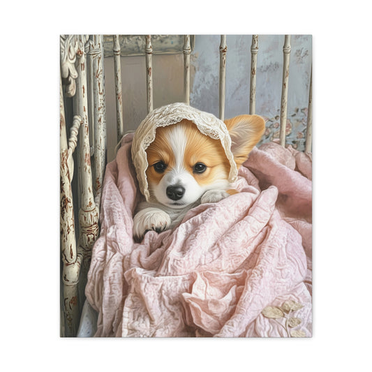 Corgi in Vintage Crib: "Cherished Slumber" | Matte Canvas Print, Stretched, 1.25 | Puppy Love Edition™