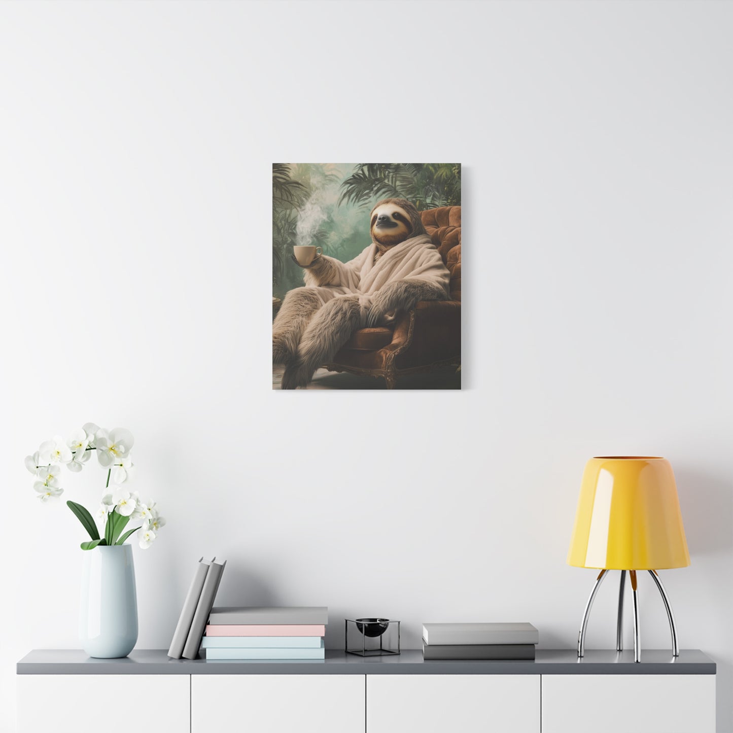 Sloth in Bathrobe with Coffee: "The Relaxed Royal" | Matte Canvas Print, Stretched, 1.25 | Pawgue Chic Edition™