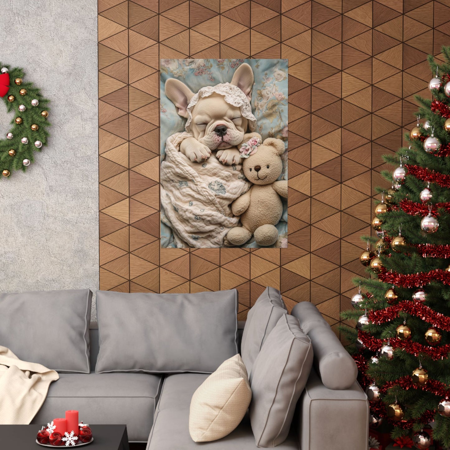 French Bulldog in Floral Blanket with Teddy Bear: "Dreamy Snuggles" | Matte Vertical Posters | Puppy Love Edition™