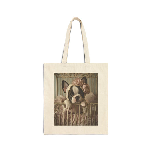 French Bulldog in Lace Bonnet: "Victorian Charm" | Canvas Tote Bag | Puppy Love Edition™