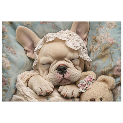 French Bulldog in Baby Bonnet: "Dreamy Slumber" | Jigsaw Puzzle with Tin | Puppy Love Edition™