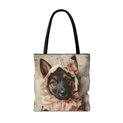 German Shepherd in Lace Bonnet: "Pastoral Guardian" | Tote Bag (AOP) | Puppy Love Edition™