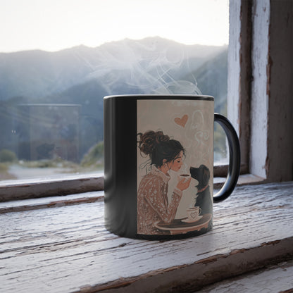 Black Dog Sharing Coffee with a Woman: "A Cup of Devotion" | Color Morphing Coffee Mug, 11oz | Bliss Edition™