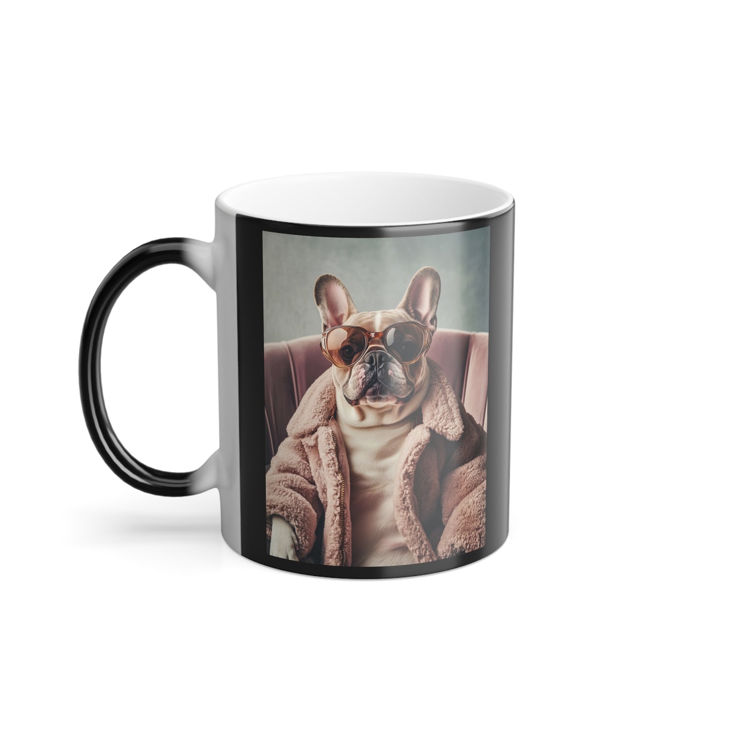 French Bulldog in Pink Coat: "Chic Canine Sophistication." | Color Morphing Coffee Mug, 11oz | Pawgue Chic Edition™