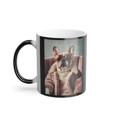 French Bulldog in Pink Coat: "Chic Canine Sophistication." | Color Morphing Coffee Mug, 11oz | Pawgue Chic Edition™