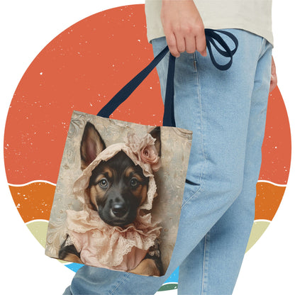 German Shepherd in Lace Bonnet: "Pastoral Guardian" | Tote Bag (AOP) | Puppy Love Edition™