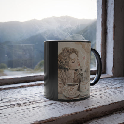 White Dog with Woman: "Café Companions" | Color Morphing Coffee Mug, 11oz | Bliss Edition™