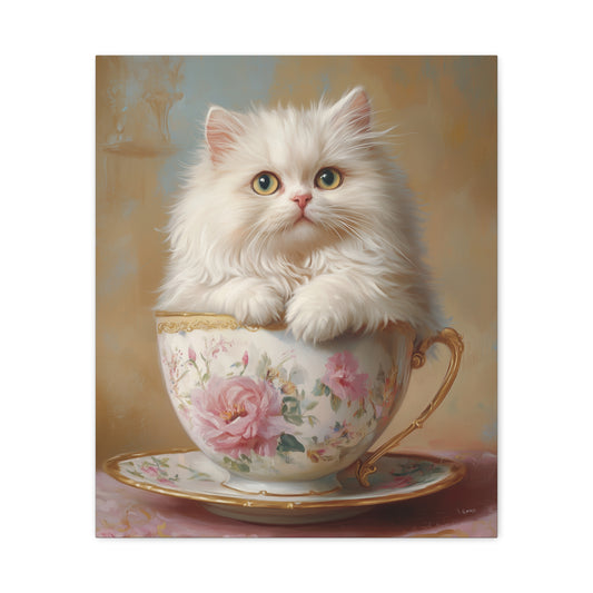 Persian Cat in Teacup: "Victorian Whiskers" | Matte Canvas Print, Stretched, 1.25 | Cafe Companions Edition™