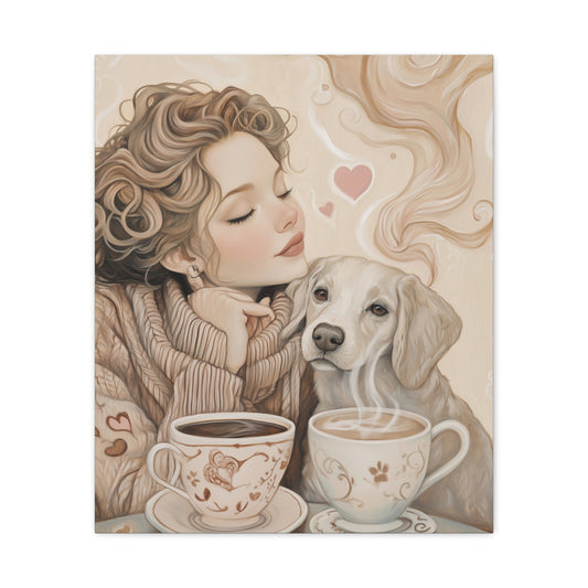 White Dog with Woman: "Café Companions" | Matte Canvas Print, Stretched, 1.25 | Java Joy Edition™