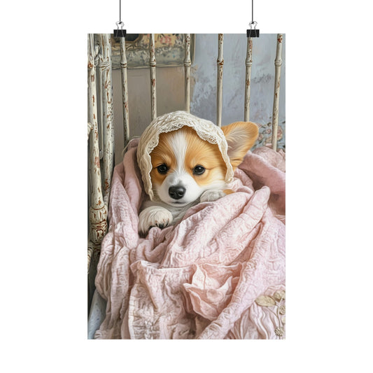 Corgi in Vintage Crib: "Cherished Slumber" | Matte Vertical Posters | Puppy Love Edition™