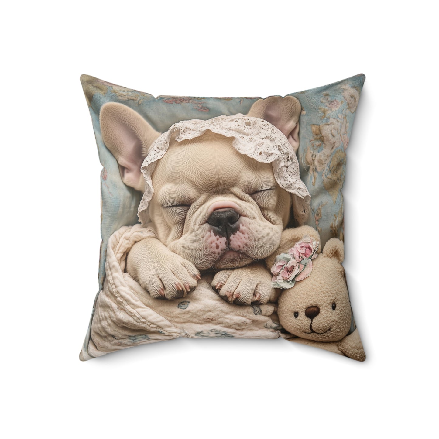 French Bulldog in Baby Bonnet: "Dreamy Slumber" | Spun Polyester Square Pillow | Puppy Love Edition™