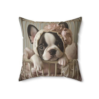 French Bulldog in Lace Bonnet: "Victorian Charm" | Spun Polyester Square Pillow | Puppy Love Edition™