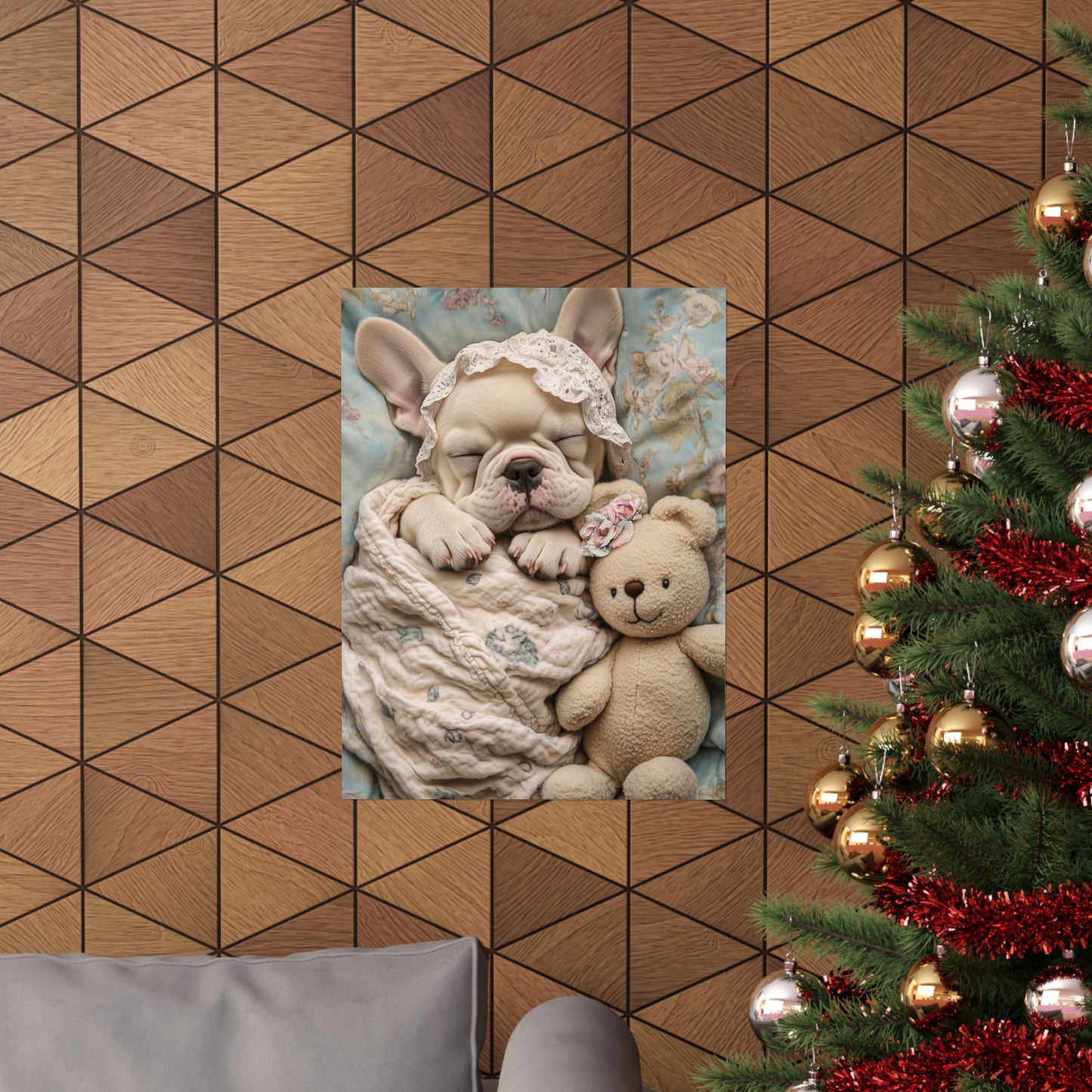 French Bulldog in Floral Blanket with Teddy Bear: "Dreamy Snuggles" | Matte Vertical Posters | Puppy Love Edition™