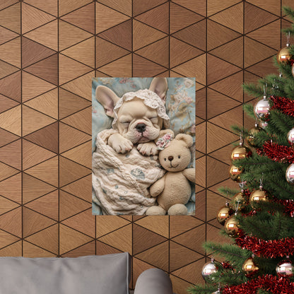 French Bulldog in Floral Blanket with Teddy Bear: "Dreamy Snuggles" | Matte Vertical Posters | Puppy Love Edition™