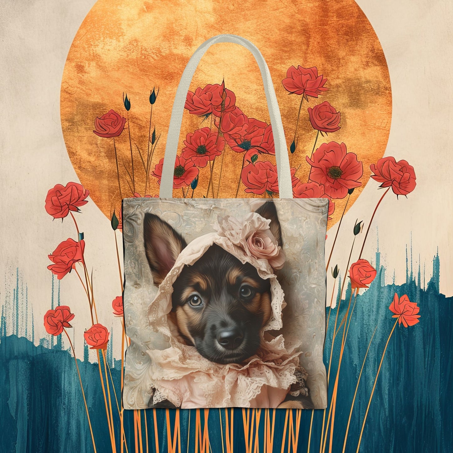 German Shepherd in Lace Bonnet: "Pastoral Guardian" | Tote Bag (AOP) | Puppy Love Edition™