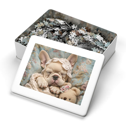 French Bulldog in Baby Bonnet: "Dreamy Slumber" | Jigsaw Puzzle with Tin | Puppy Love Edition™