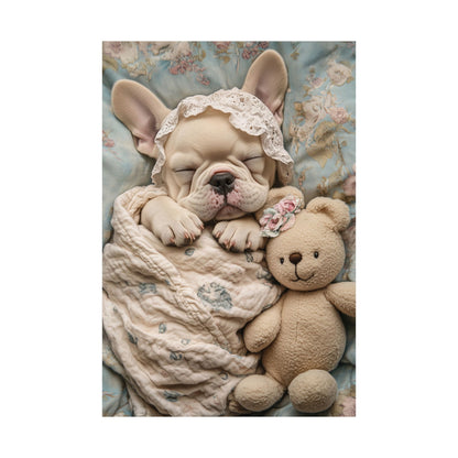 French Bulldog in Floral Blanket with Teddy Bear: "Dreamy Snuggles" | Matte Vertical Posters | Puppy Love Edition™