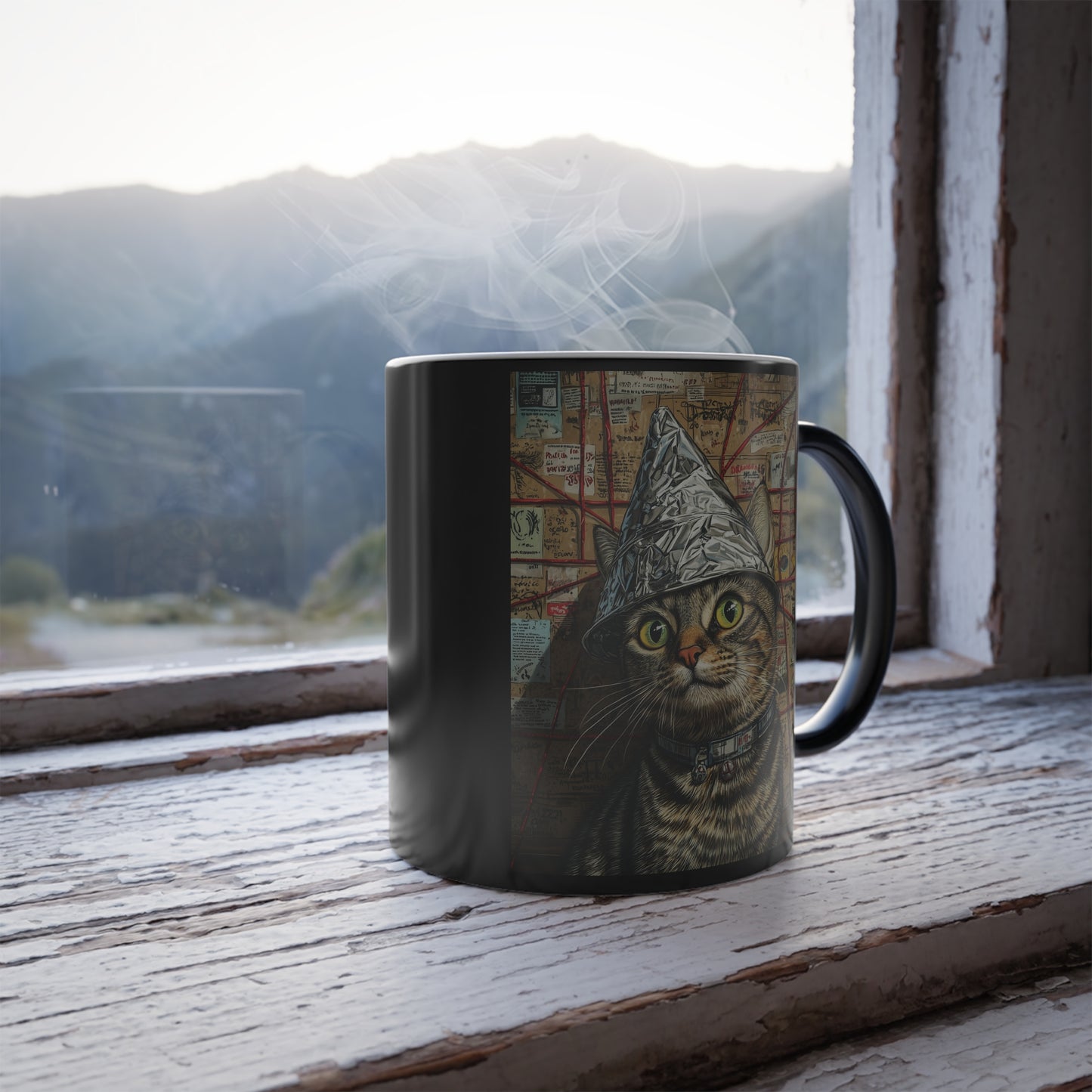 Tabby Cat in a Tinfoil Hat: "Conspiracy Cat Chronicles" | Color Morphing Coffee Mug, 11oz | Pawp Culture Edition™