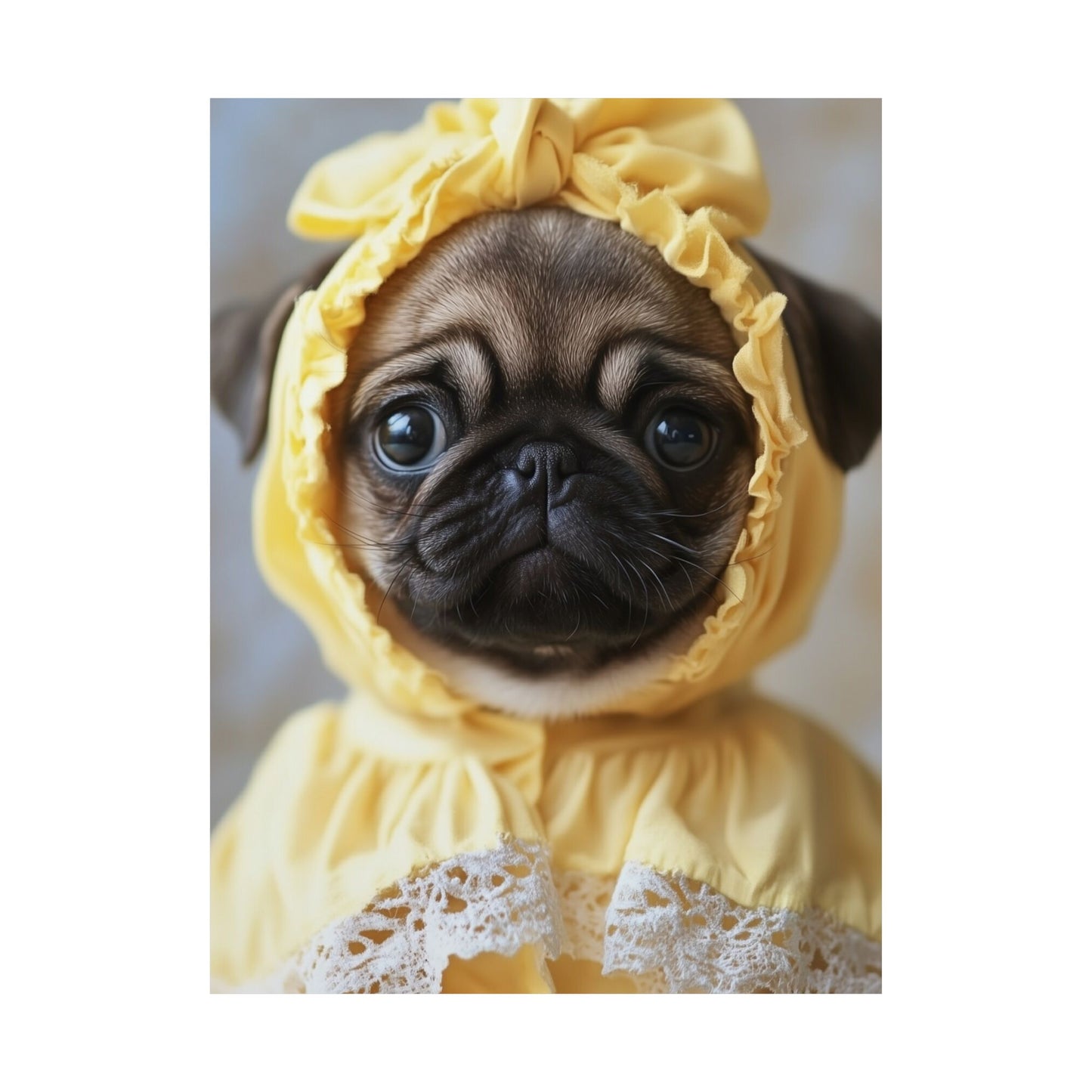 Pug in Yellow Bonnet: "The Sunshine Sweetie" | Matte Vertical Posters | Puppy Love Edition™